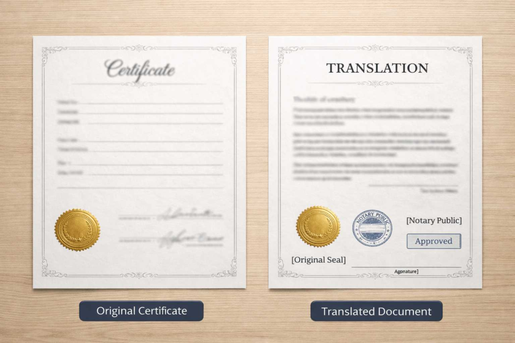 Original marriage certificate and matching translated version prepared for immigration submission