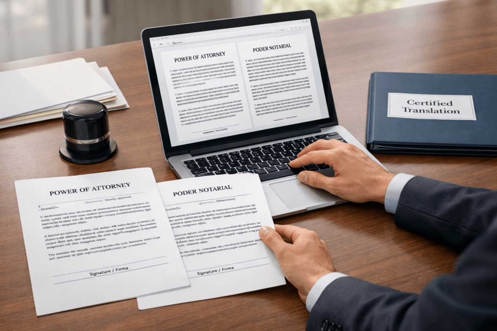 Power of attorney translation with certified legal document and notary stamp