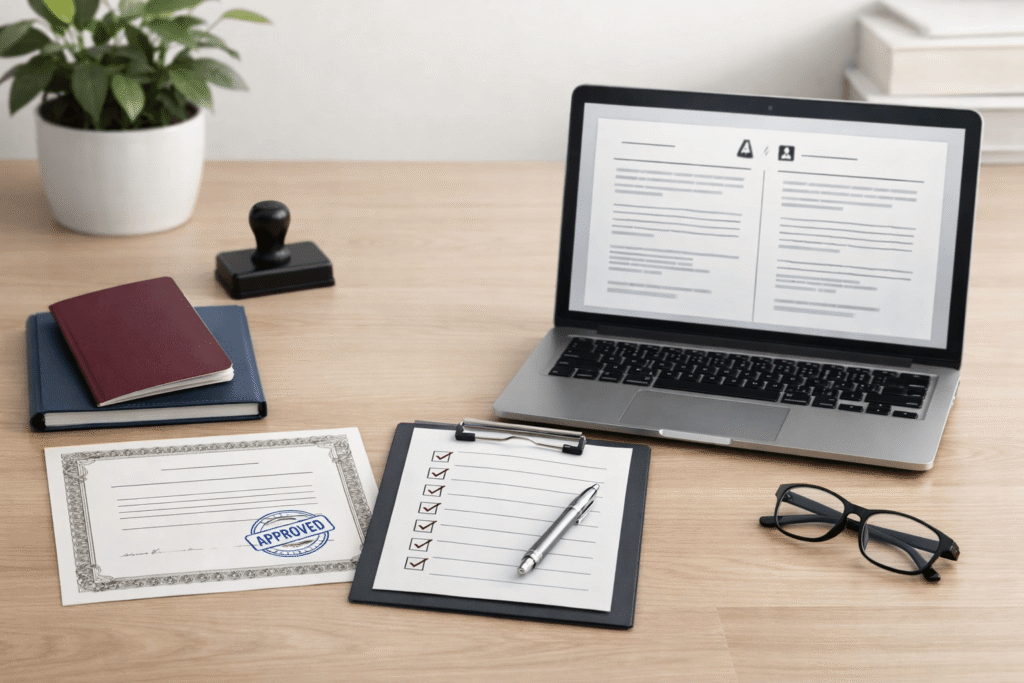 Professional desk scene showing official documents and a translation checklist