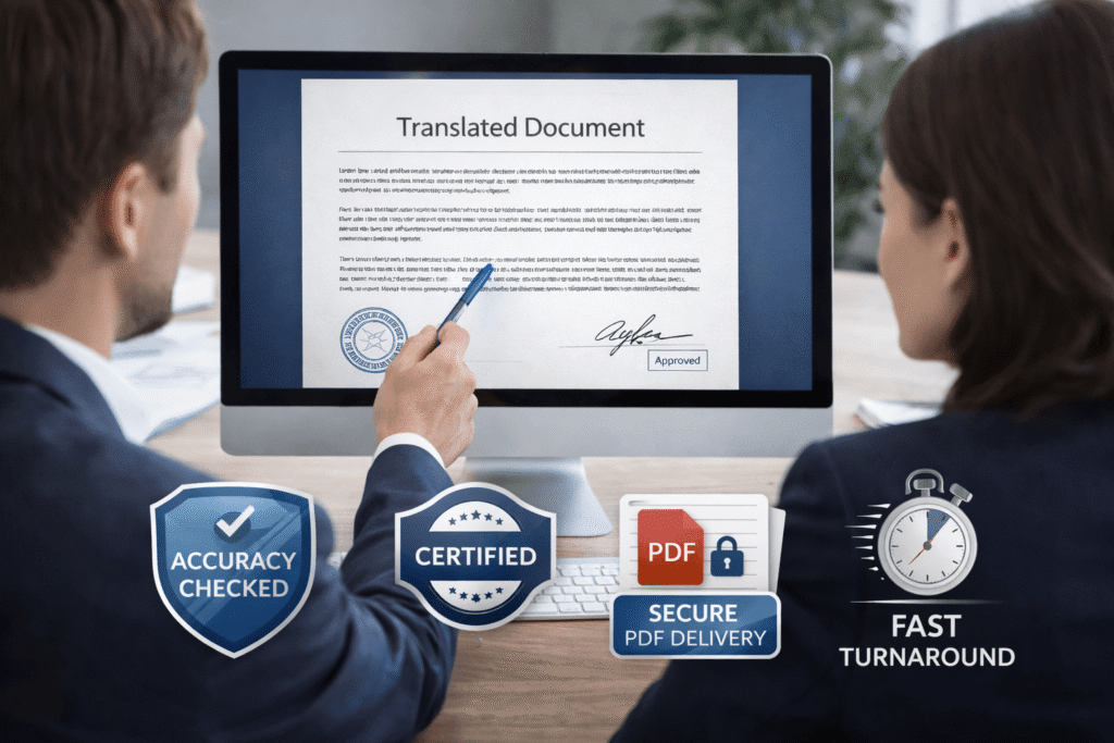 Professional translation team preparing certified documents with quality checks and secure delivery