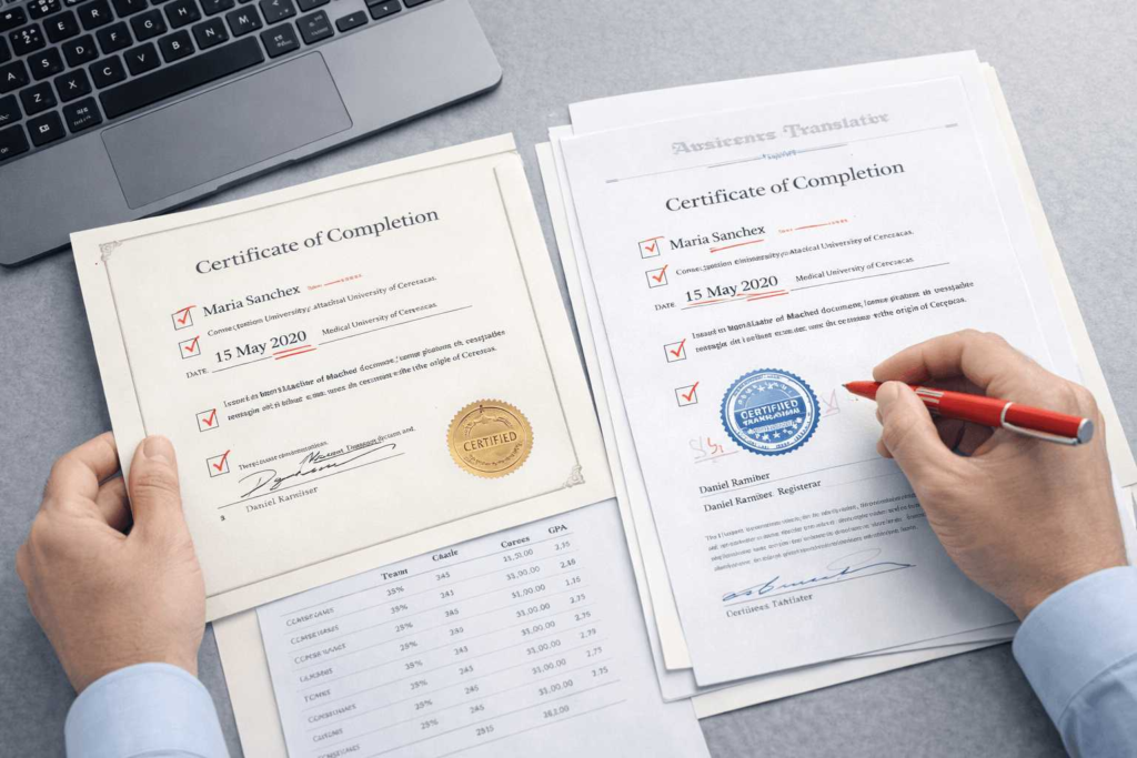 Quality review of certified medical credential translation for names, dates, and seals