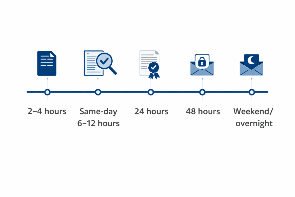 Rush certified translation options timeline from 2 hours to 48 hours