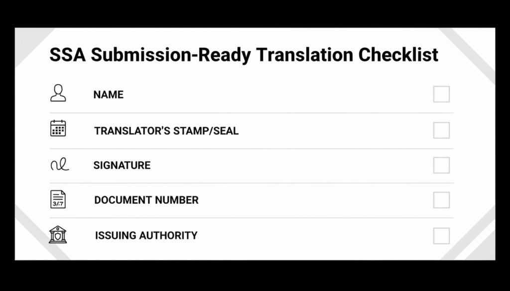 SSA submission ready certified translation checklist for Social Security documents