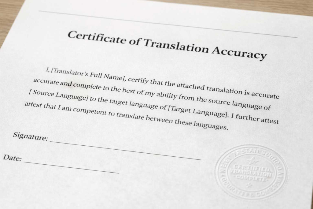 Sample certificate of translation accuracy format for a translation certification statement