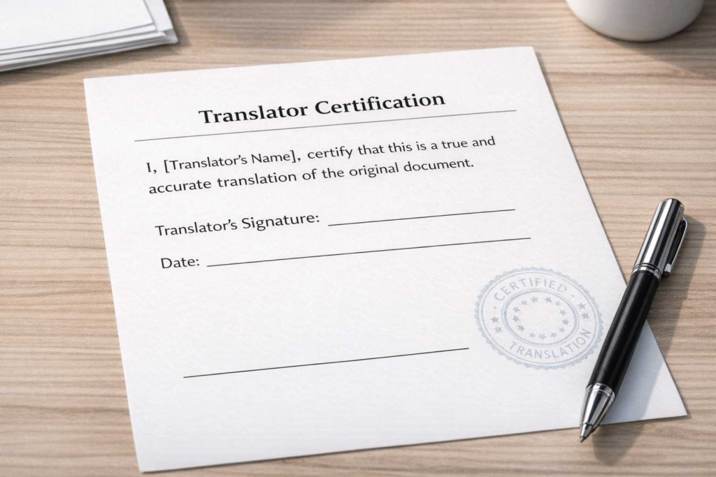 Sample translator certification statement attached to an English translation for USCIS.