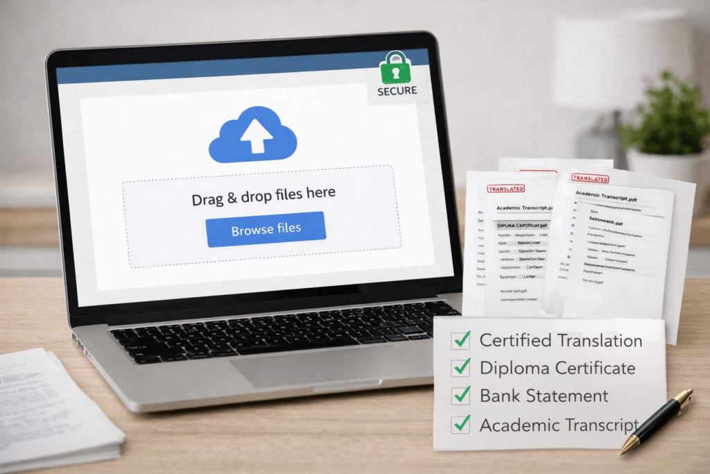 Secure upload and completed checklist for F 1 visa document translation service