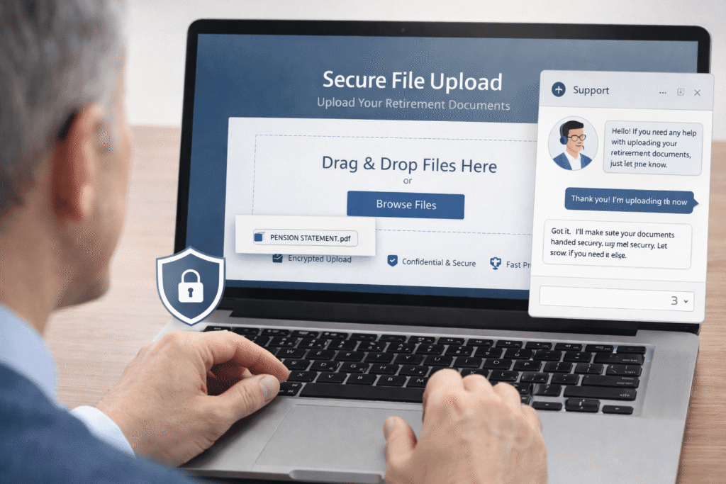 Secure upload and support for certified translation of retirement documents