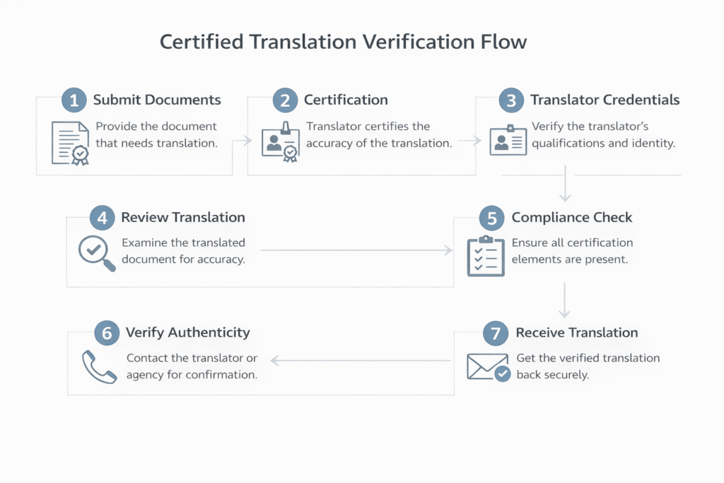 Seven step flowchart for how to verify certified translation before submission