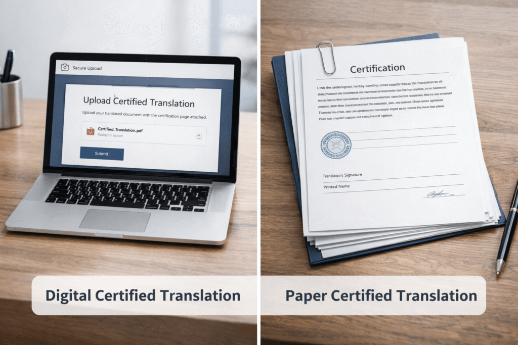 Side by side comparison of digital certified translation upload and paper certified translation pack