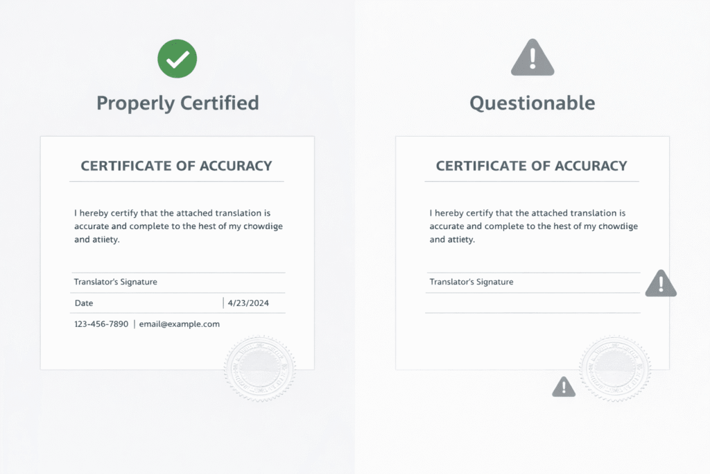 Side by side comparison of legitimate vs questionable certified translation features