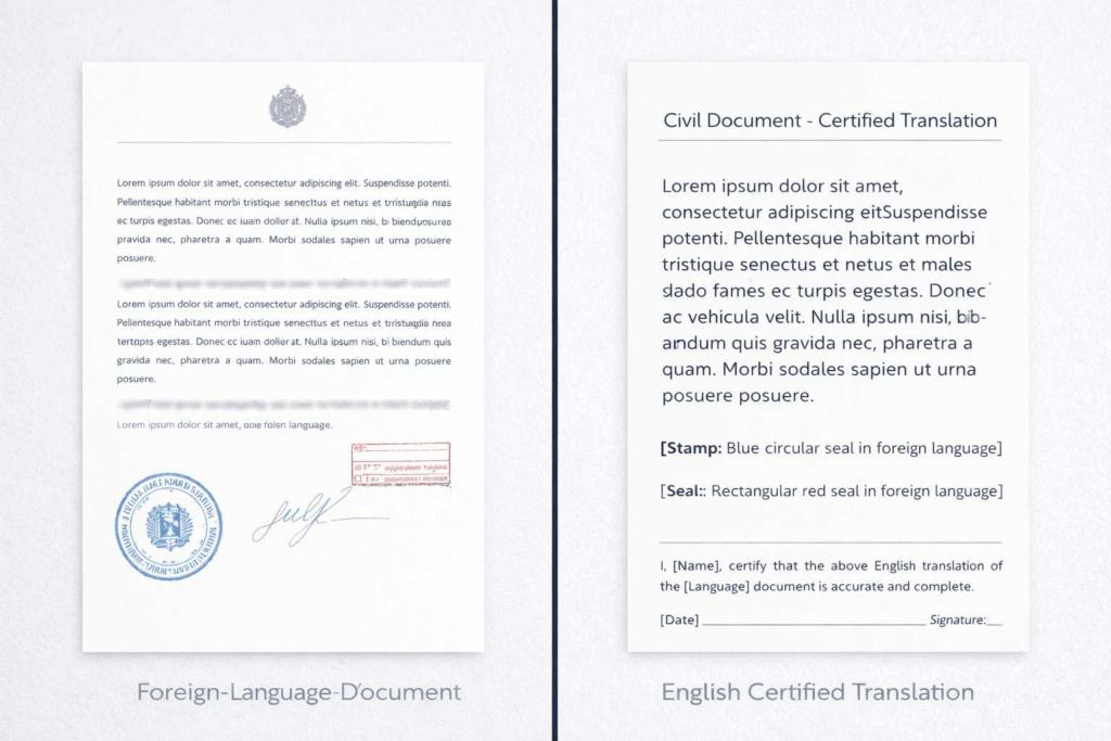 Side by side example of a foreign document and corrected certified English translation