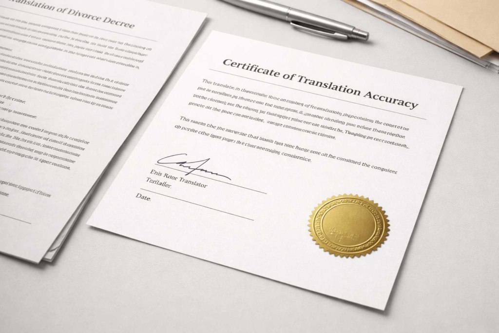 Signed translator certification attached to a divorce decree translation