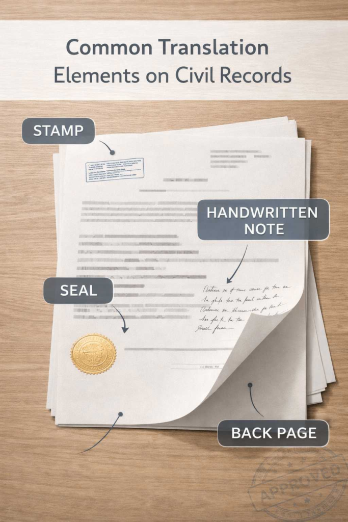 Stamps, seals, and handwritten notes that must be included in a certified translation
