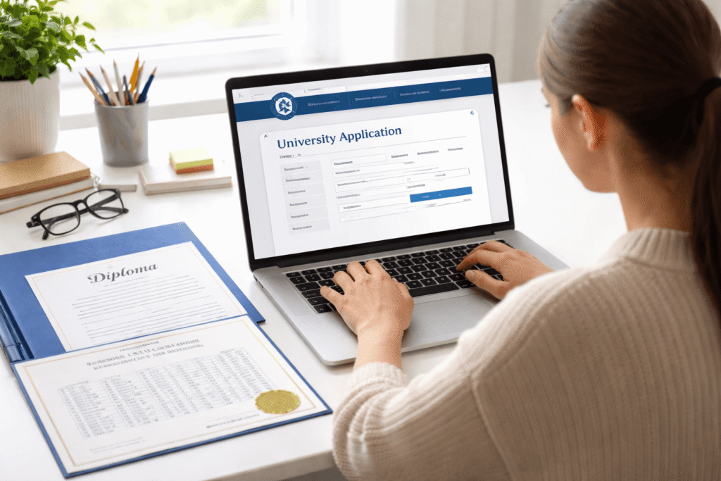 Student preparing academic transcript translation for US university application