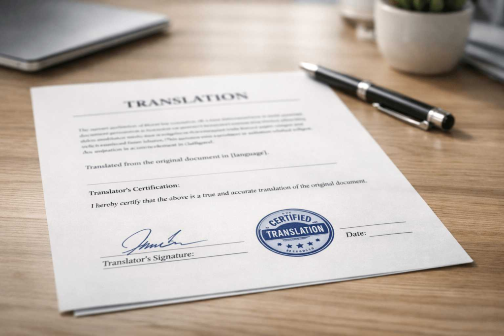 Sworn translation document with official stamp and signature