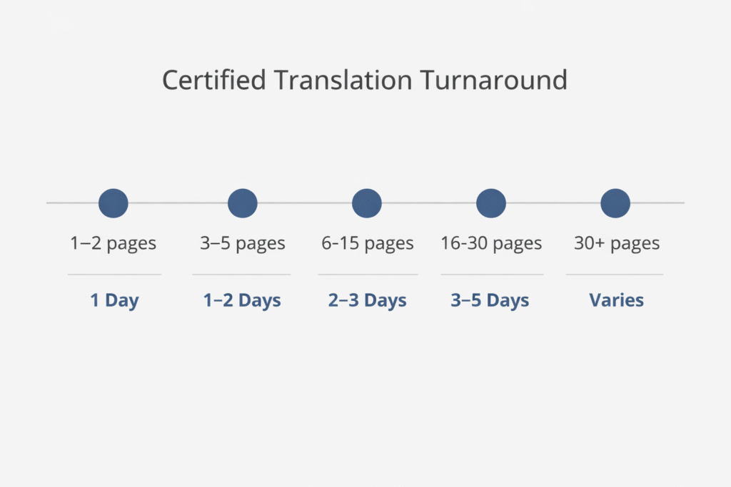 Timeline showing typical certified translation turnaround times by document size