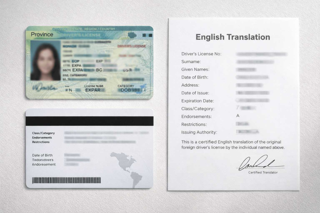 Translate the front and back of a foreign driver’s license, including restriction codes