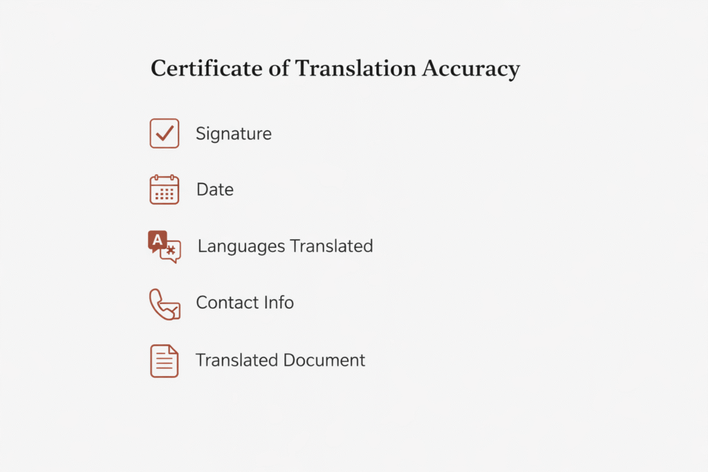 Translation accuracy certificate checklist showing required details for certified translations