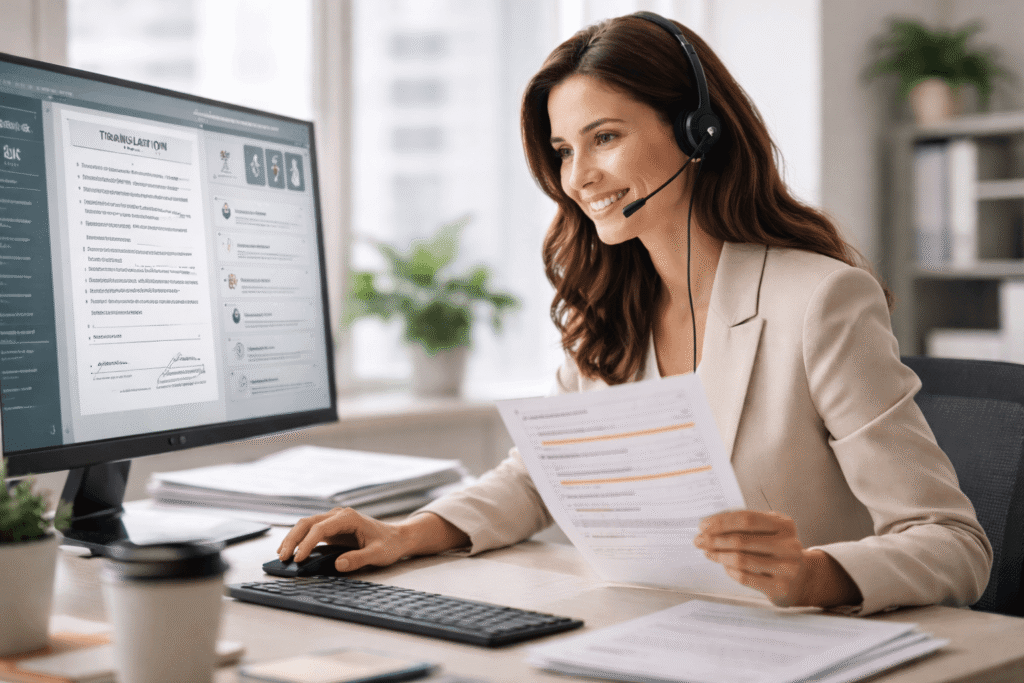 Translation specialist helping a client prepare certified documents for official submission