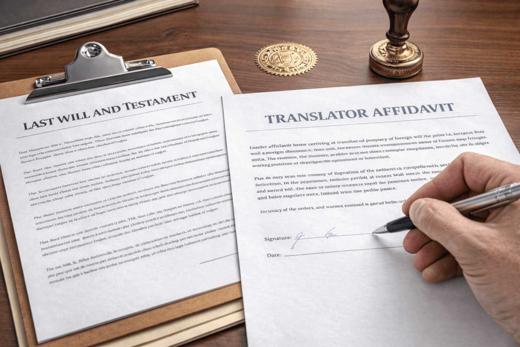 Translator affidavit signed with translated will for probate court submission