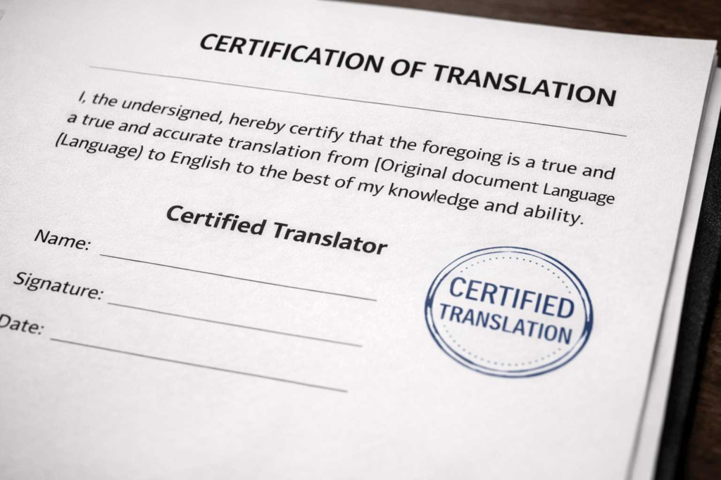 Translator certification statement used for certified court document translations