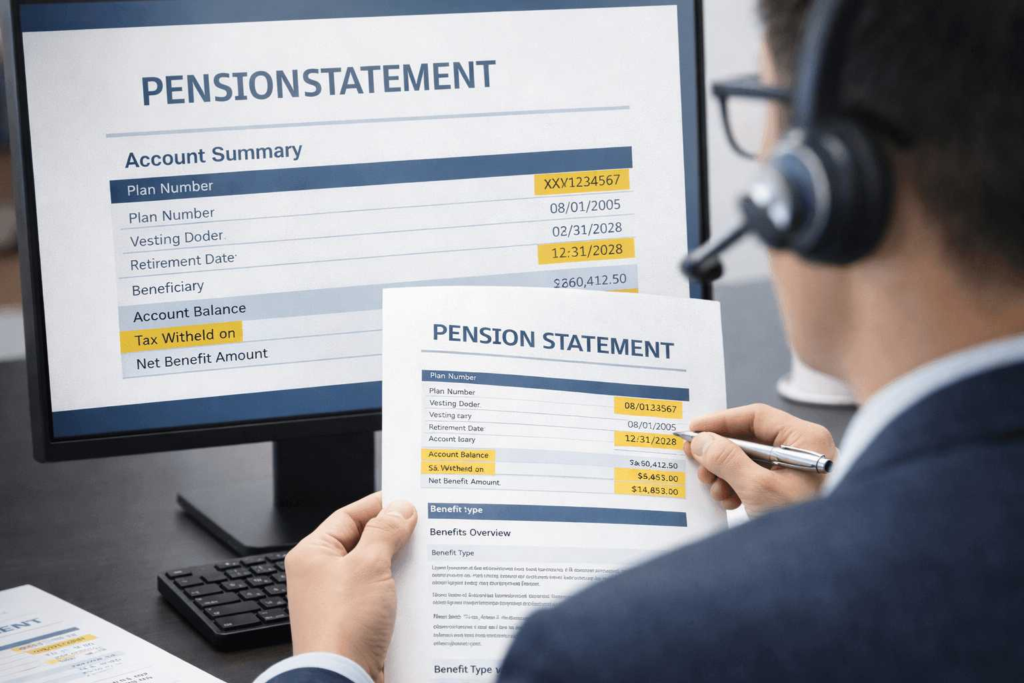 Translator checking pension statement figures and dates for an accurate certified translation