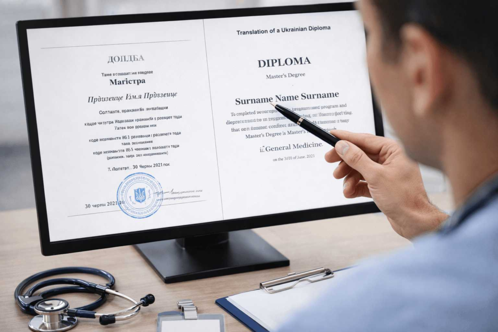 Translator reviewing a foreign healthcare diploma and certified English translation for accuracy