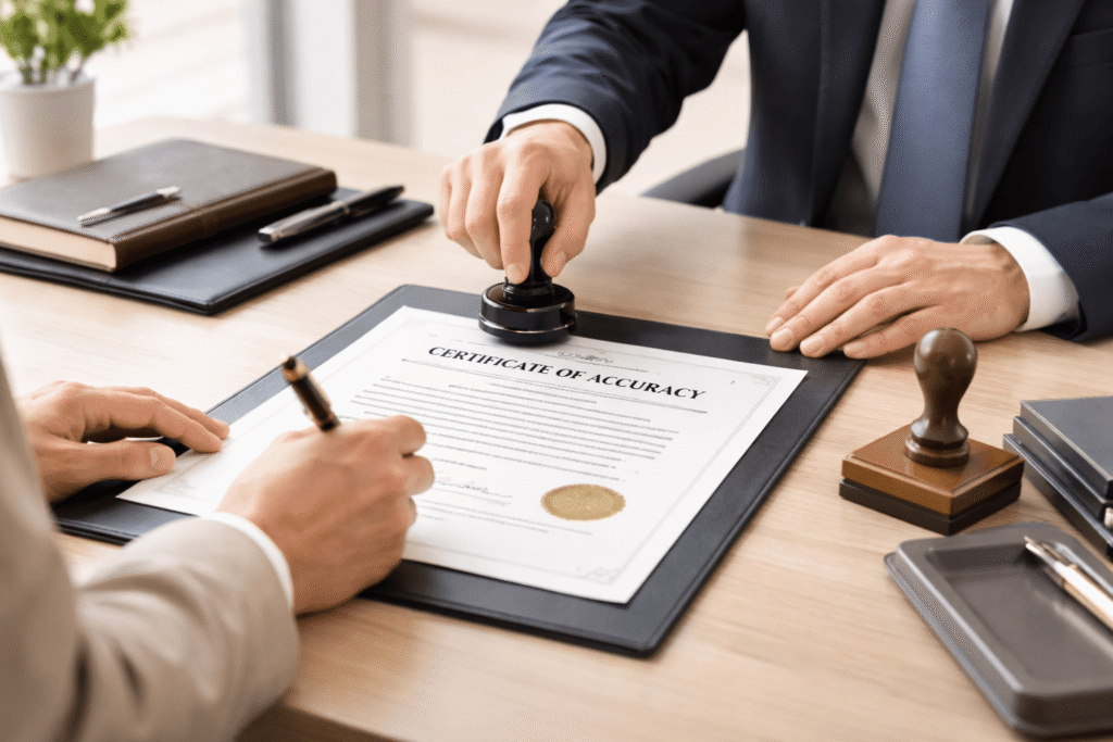 Translator signing a certificate of accuracy while a notary witnesses the signature