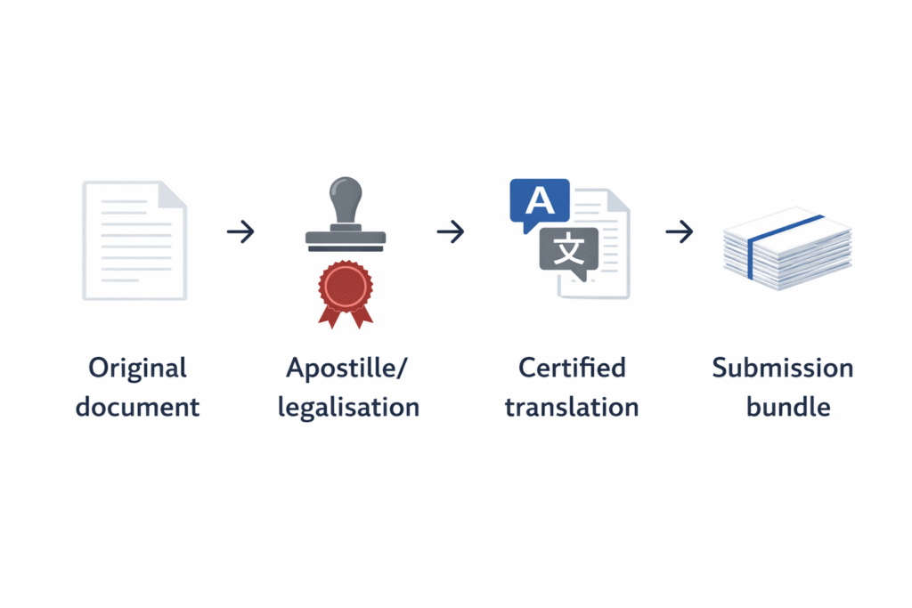 Typical order for preparing documents original, apostille, certified translation, then submission