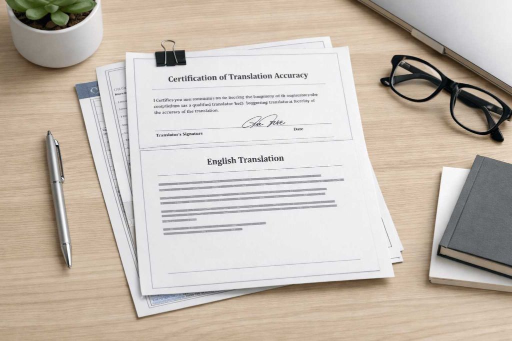 USCIS certified translation format with translation and certification statement