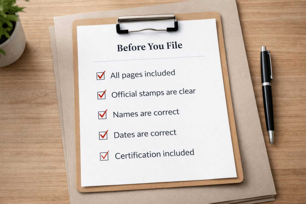 USCIS translation checklist for pages, stamps, and certification