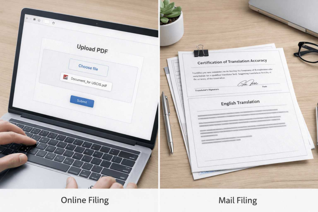USCIS translation submission format for online filing vs filing by mail