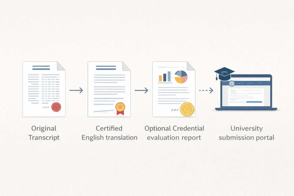 University transcript translation process from original records to submission