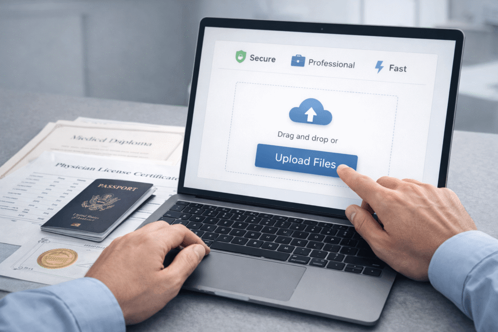 Uploading medical licensing documents for certified translation review
