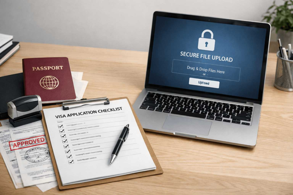 Visa application desk with passport, checklist, and translated documents ready to submit