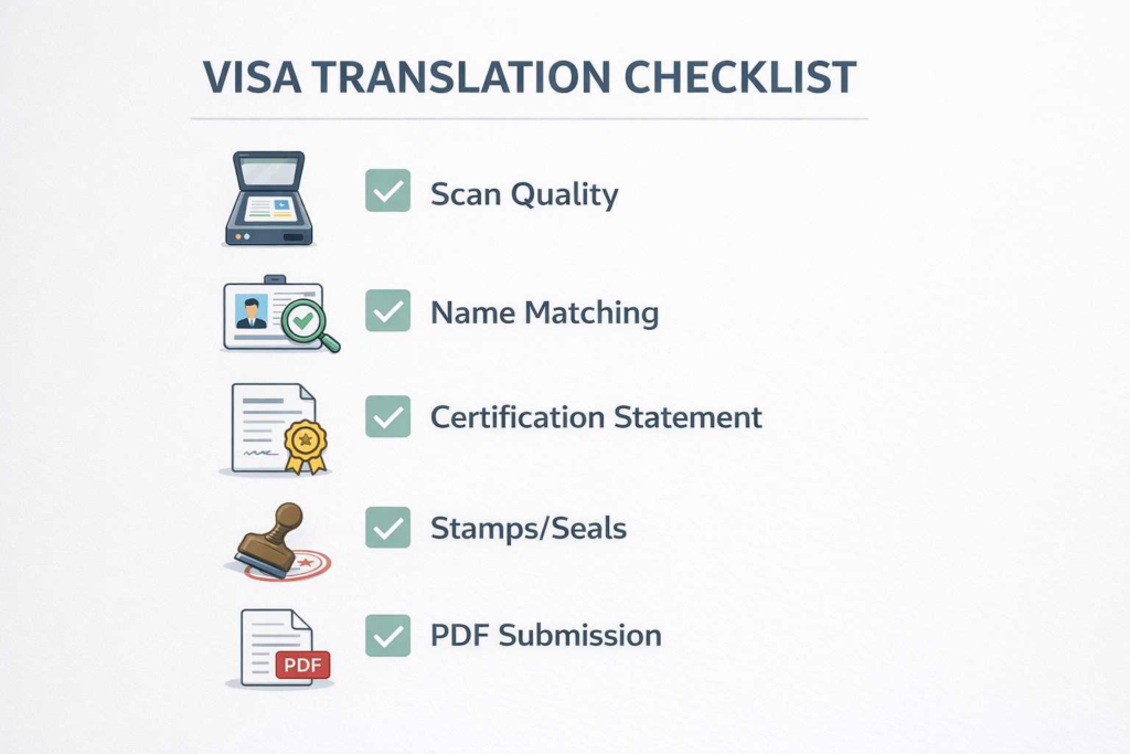Visa translation checklist showing scan quality, name consistency, certification, and complete pages