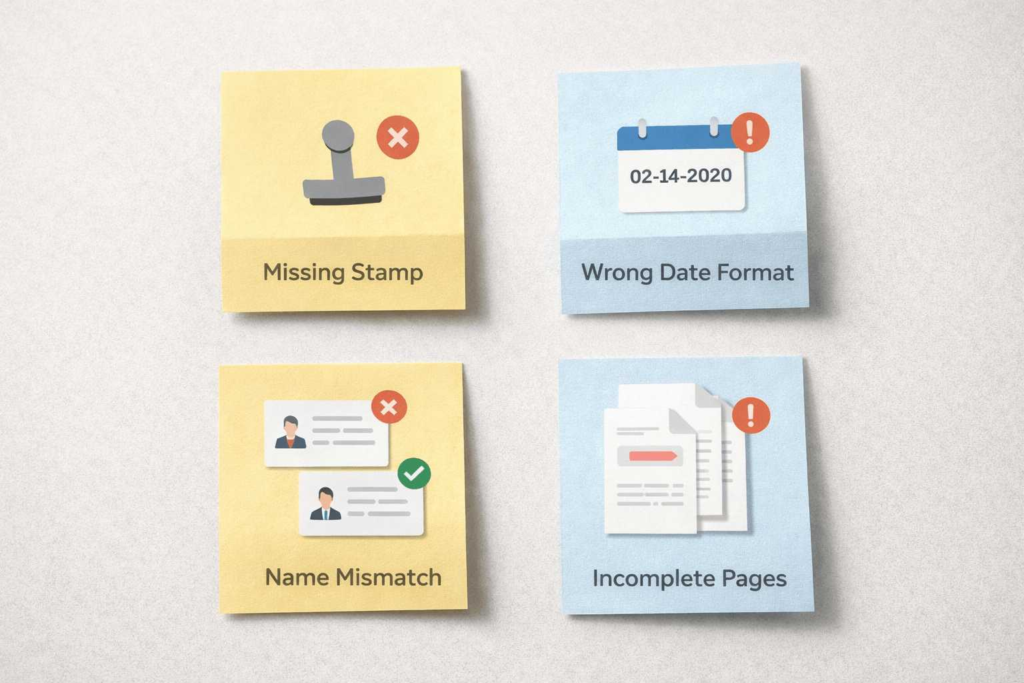 Visual checklist of common divorce translation mistakes that cause immigration delays