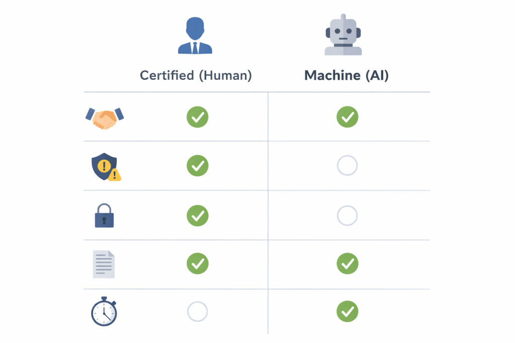 Visual comparison of certified human translation vs machine translation across key factors