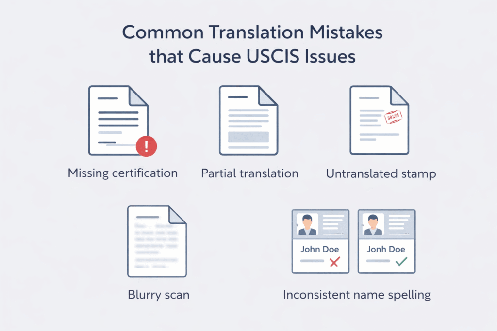 Visual guide to common USCIS translation rejection mistakes