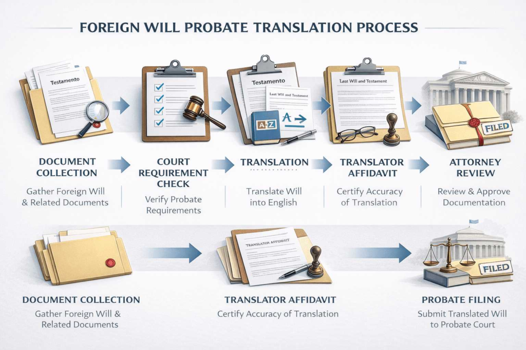 Workflow for translating a foreign will and preparing it for US probate filing