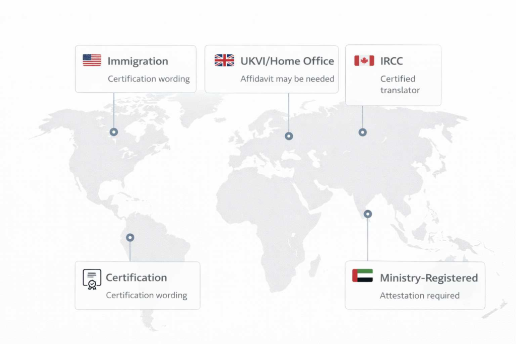 World map showing that certified translation requirements vary by country and authority