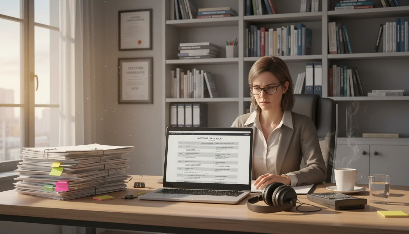 A certified translator working on mortgage documents with a laptop and paperwork.