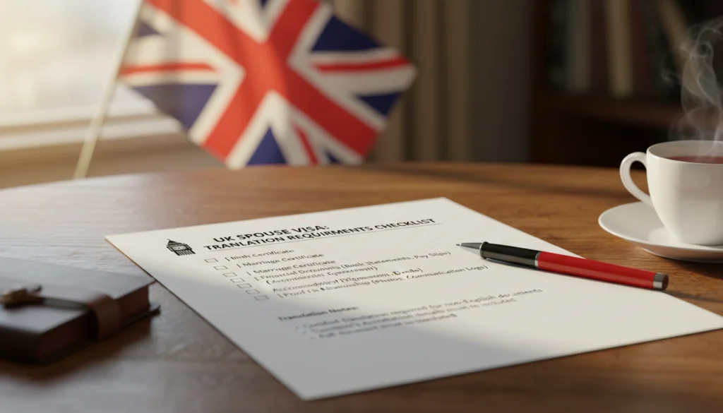 A checklist of UK Spouse Visa translation requirements with documents and a UK flag in the background.