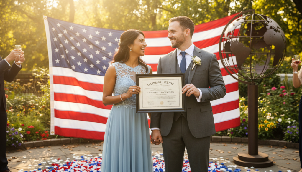 A couple holding a marriage certificate in front of a US flag and a globe.