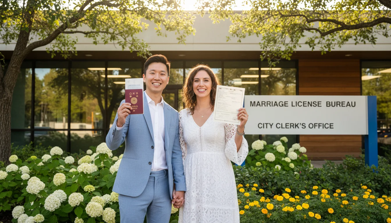 A couple holding hands in front of a marriage license office, with foreign documents in hand.