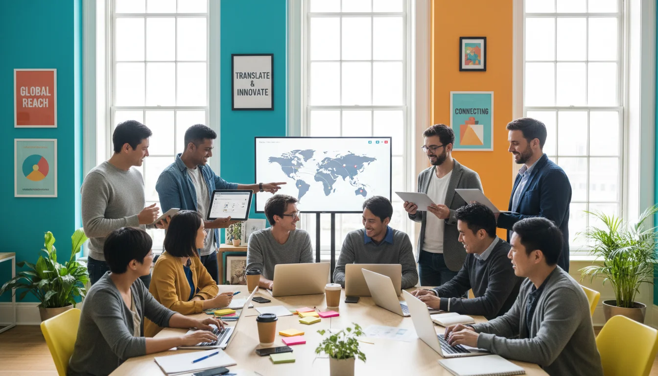A diverse group of people working on social media marketing with translated content on screens.