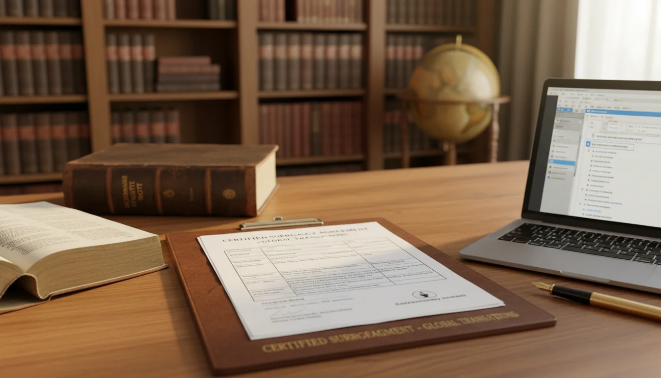 A legal document with a surrogacy agreement on a desk, surrounded by translation tools.