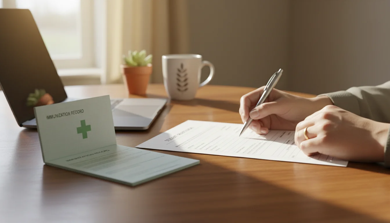 A parent reviewing vaccination records with a school enrollment form on a table.