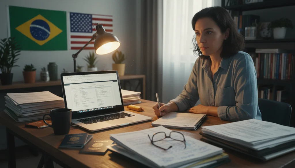 A person translating Brazilian documents with a laptop, flags of Brazil and the USA in the background.