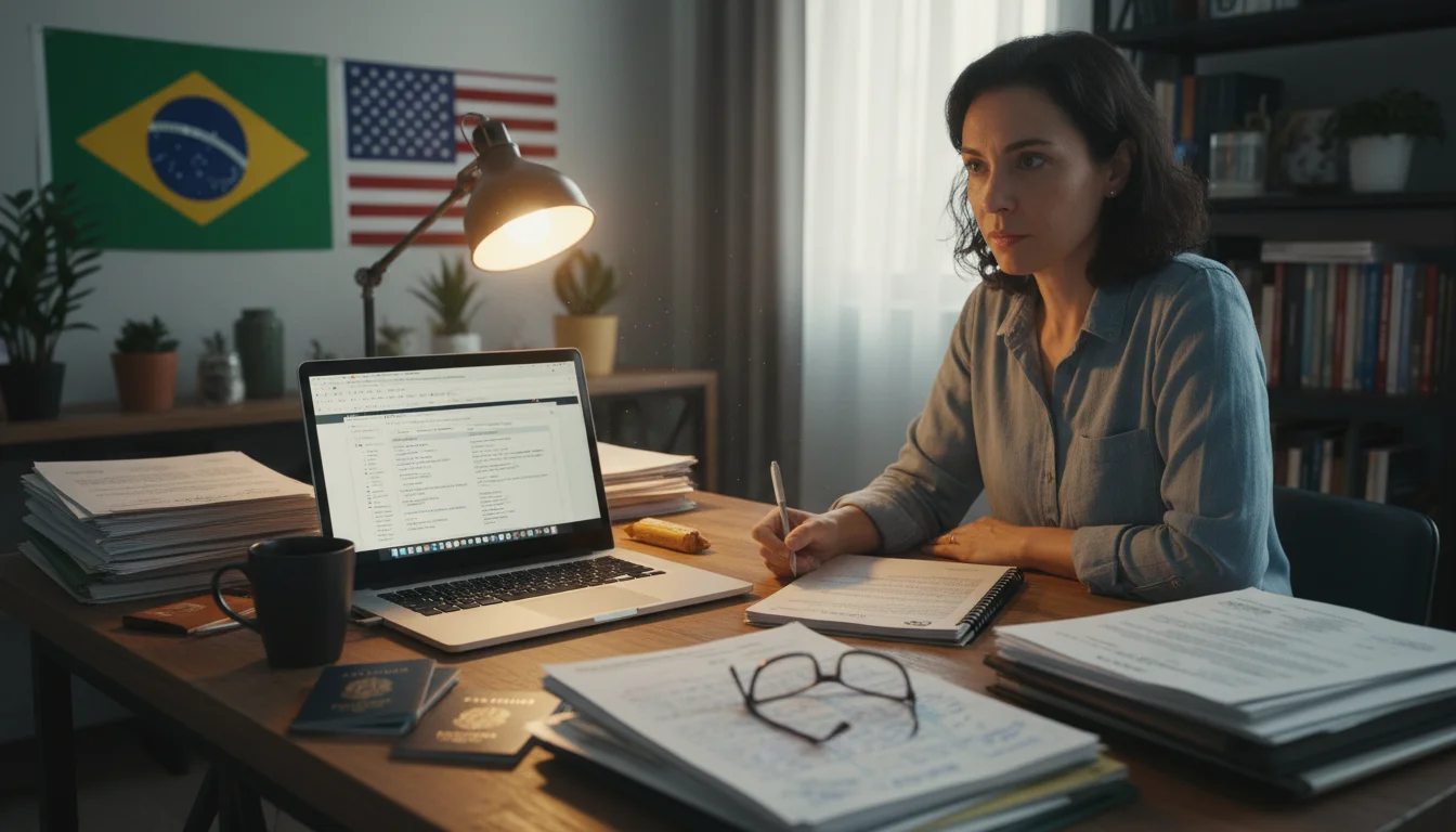 A person translating Brazilian documents with a laptop, flags of Brazil and the USA in the background.
